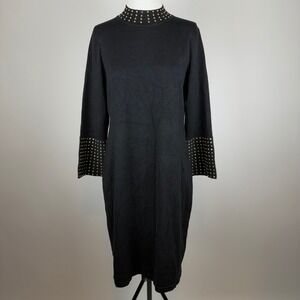 Calvin Klein Black Gold Studded Mockneck 3/4 Sleeve Knit Sweater Dress Womens XL